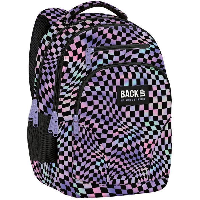 MOCHILA DOBLE ESCOLAR BACK UP CUADROS MORADOS Y ROSAS | DERFORM