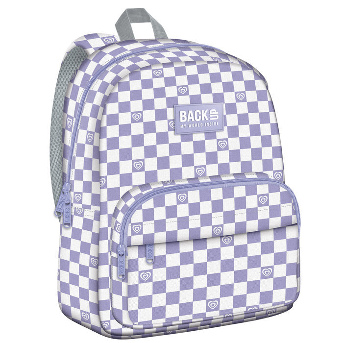 MOCHILA ESCOLAR CON BOLSILLO CUADRADOS Y CORAZONES | DERFORM