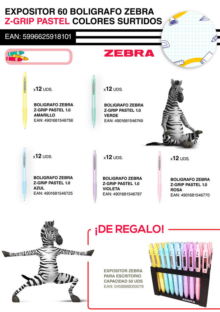 EXPOSITOR 60 BOLIGRAFO ZEBRA Z-GRIP PASTEL COLORES SURTIDOS | 60 UNIDADES | (ZEBRA PEN)