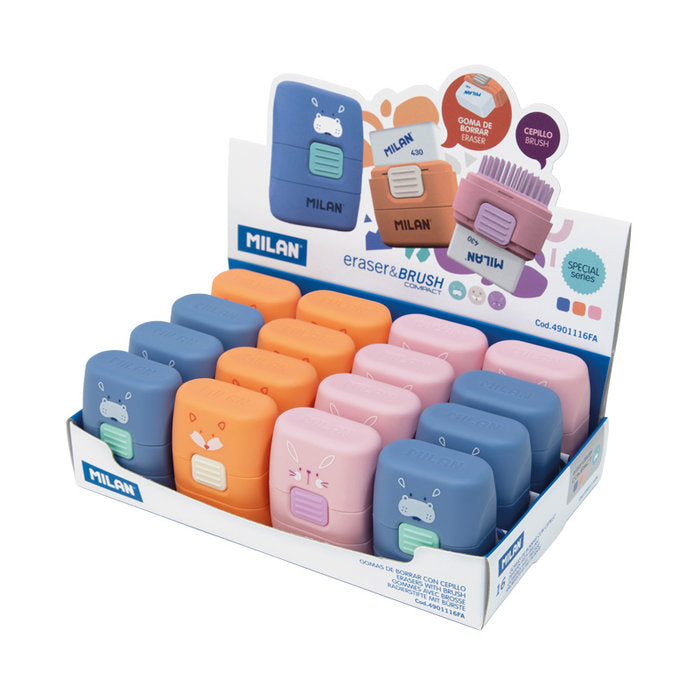 GOMAS CON CEPILLO COMPACT SERIE ESPECIAL FUNNY ANIMALS | 16 UNIDADES | (MILAN)