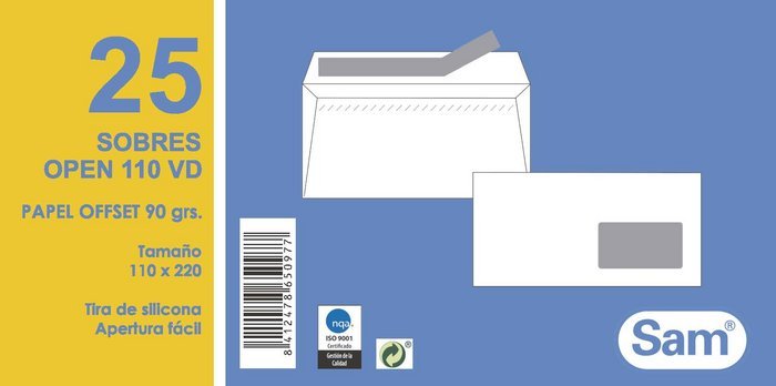 SOBRE BLANCO OPEN 110X220 90GR P/25 VENTANA DERECHA | 20 UNIDADES | (SAM TALLERES MANIPULACION)
