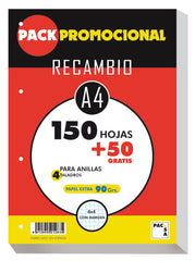 PACK PROMOCIONAL RECAMBIO A4 CUADRO 4MM 90G 200H 4 TALADROS | 1 UNIDADES | (PACSA)