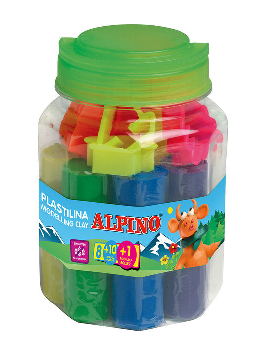 KIT PLASTILINA ALPINO BOTE 8UNID 80 GR 10 MOLDES Y RODILLO | 1 UNIDADES | (ALPINO)