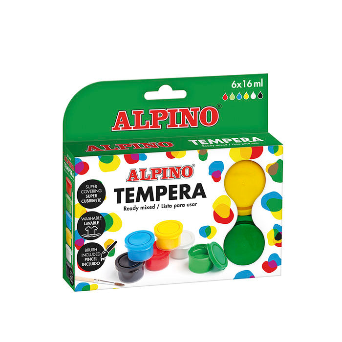 TEMPERA ALPINO EST/6 BOTES 16ML SURTIDA CON BANDEJA Y PINCE | 1 UNIDADES | (ALPINO)