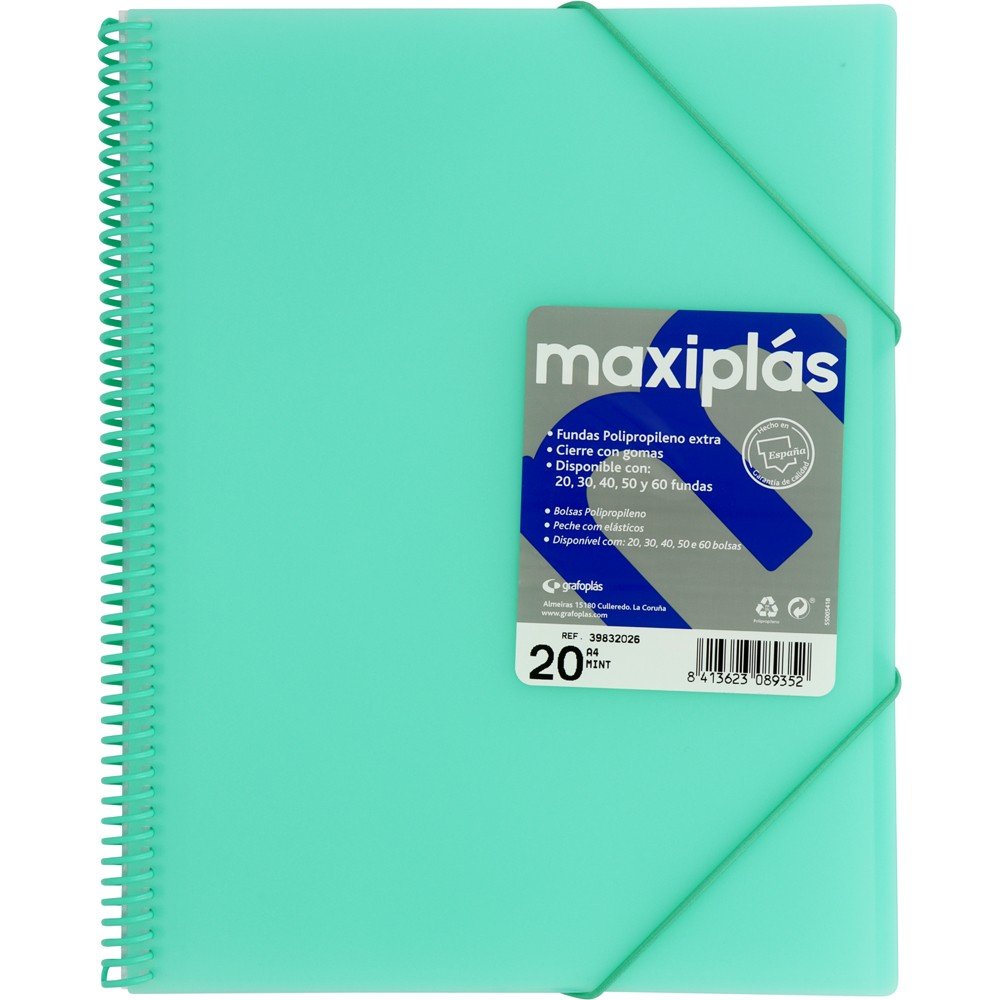 CARPETA 20 FUNDAS A4 MAXIPLAS TRANSPARENTES VERDE MINT | 1 UNIDADES | (GRAFOPLAS)