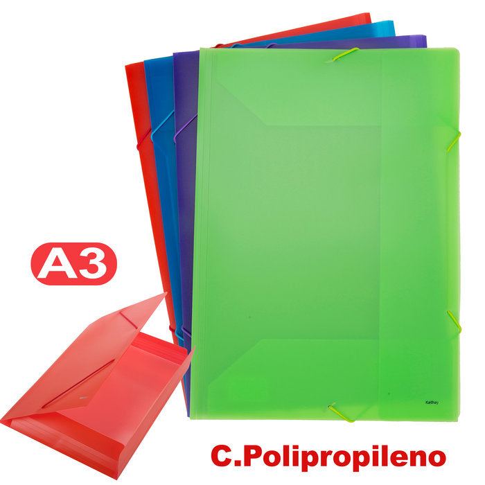 CARPETA SOLAPAS GOMAS A3 PP TRANSLUCIDO COLOR SURTIDO KATHA | 4 UNIDADES | (GRAFOPLAS)