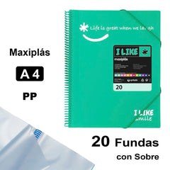 CARPETA 20 FUNDAS MAXIPLAS LIKE2 A4 TURQUESA | 1 UNIDADES | (GRAFOPLAS)