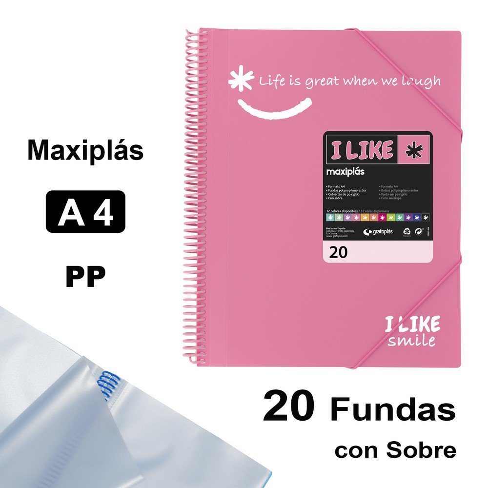 CARPETA 20 FUNDAS MAXIPLAS LIKE2 A4 ROSA CLARO | 1 UNIDADES | (GRAFOPLAS)