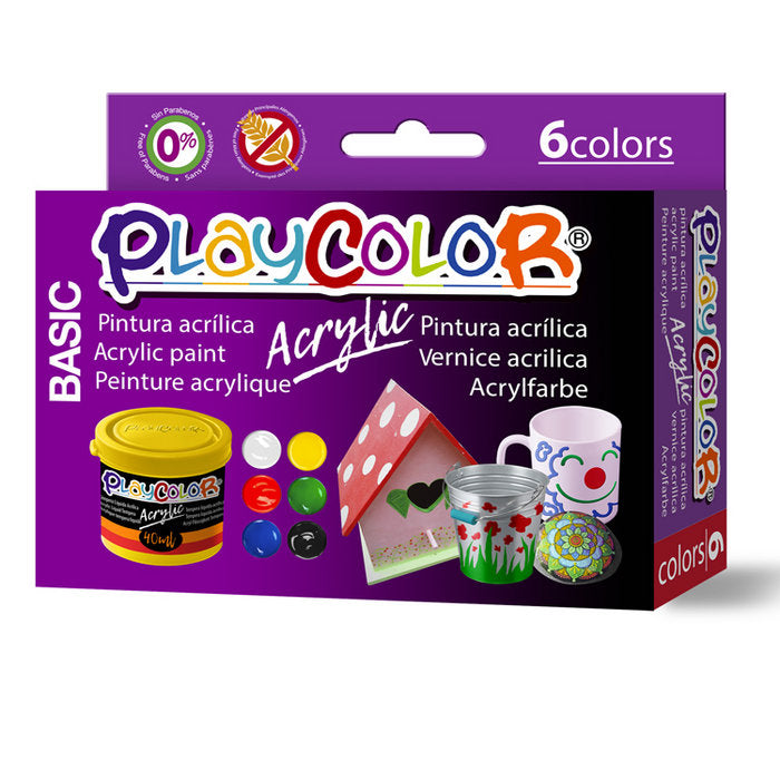 PINTURA PLAYCOLOR ACRYLIC BASIC 6 X 40 ML SURTIDO Y PINCEL | 1 UNIDADES | (INSTANT)