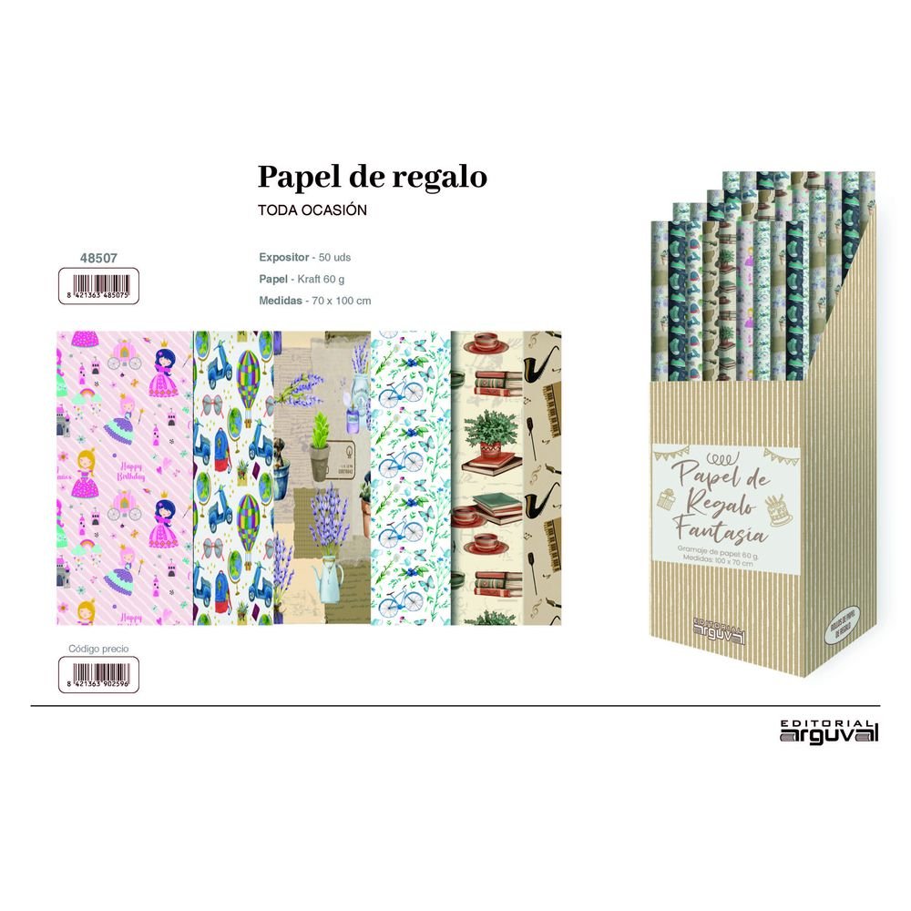 PAPEL REGALO ROLLO KRAFT SURTIDO 50U | ARGUVAL, S,L, | ENVASE 50 UDS. UNIDAD | 8421363485075