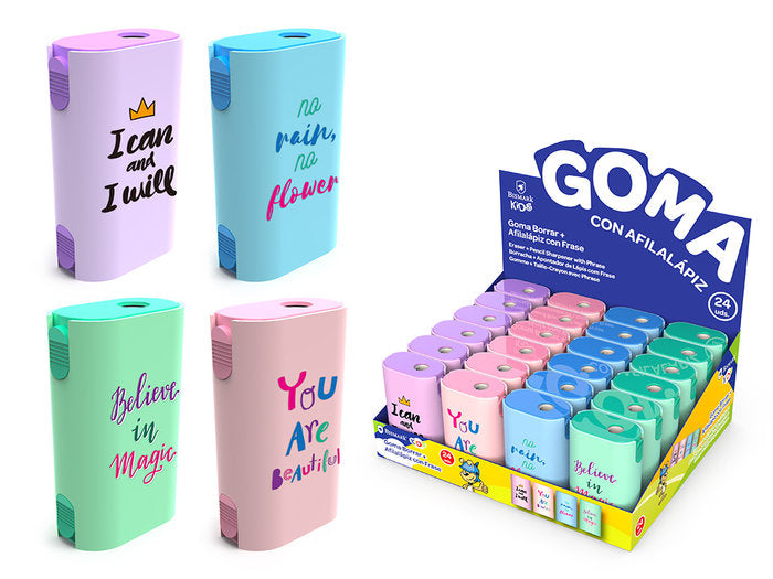 EXPOSITOR 24 GOMA DE BORRAR + AFILALAPIZ CON FRASES | 24 UNIDADES | (POESSA BISMARK REGALO)