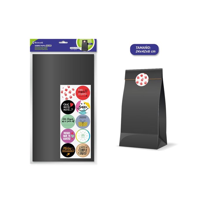 SOBRE PAPEL KRAFT NEGRO 10 UND + ADHESIVOS 24+6X42 CM | 10 UNIDADES | (POESSA BISMARK REGALO)