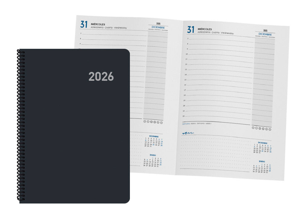 AGENDA ANUAL 2026 ROMA NEGRA DIA PAGINA 15X21 CON ESPIRAL | INGRAF AGENDAS