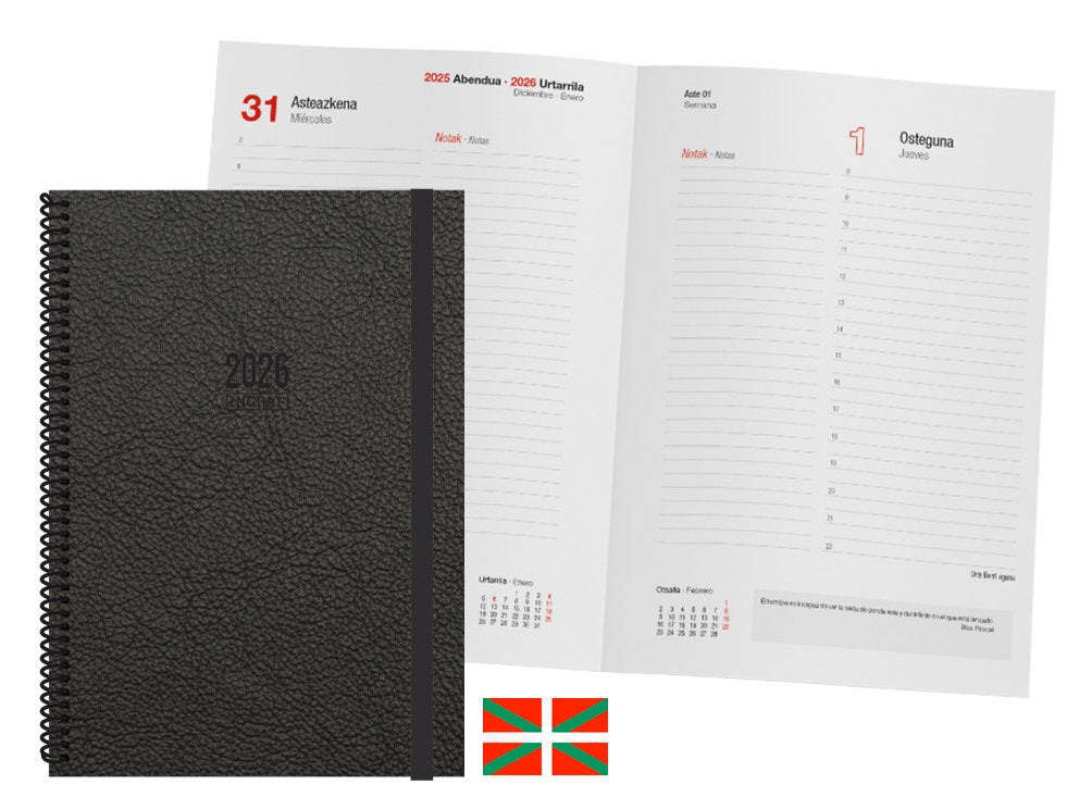 AGENDA ANUAL 2026 TOKIO DIA PAGINA 17X24 NEGRO EUSKERA | INGRAF AGENDAS