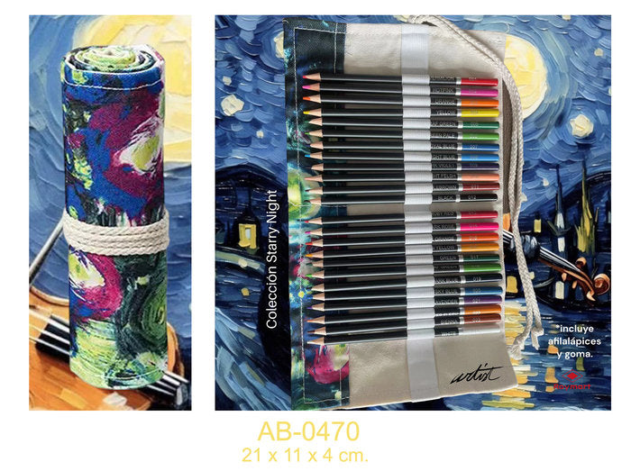 ESTUCHE ENRROLLABLE 24 LAPICES VAN GOGH + GOMA Y AFILALAPIZ | ROYMART