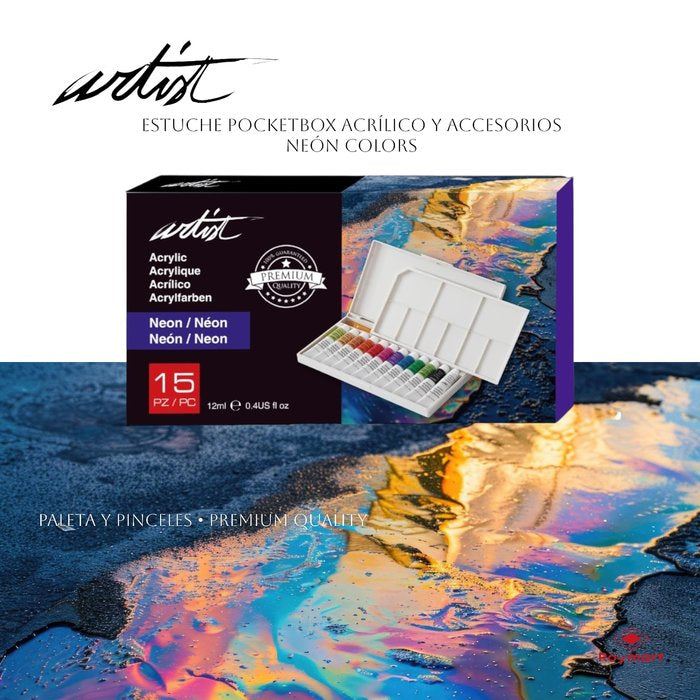 ESTUCHE 15 PIEZAS POCKETBOX NEON ACRYLIC 12 ML | ROYMART