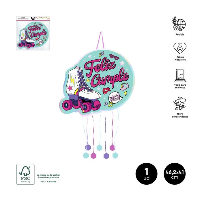 PIÑATA FELIZ CUMPLE PATINES IRIDISCENTE 46,2 X 41 CM CARTON | AMBER MOOD OH YEAH | ENVASE 12 UDS. UNIDAD | 8435557722808