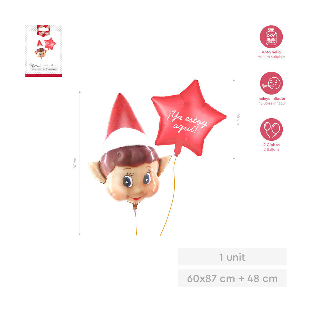 SET 1 GLOBO FOIL ELFO 87CM + 1 GLOBO ESTRELLA 48CM | AMBER MOOD OH YEAH | 1 UNIDAD | 28435557735529