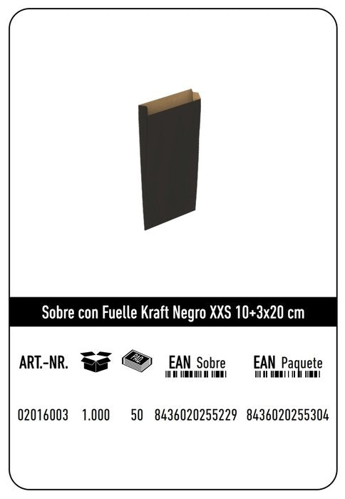 SOBRE KRAFT XXS 10+3X20 NEGRO CAJA 250 UNIDADES | 250 UNIDADES | (ANDINA)