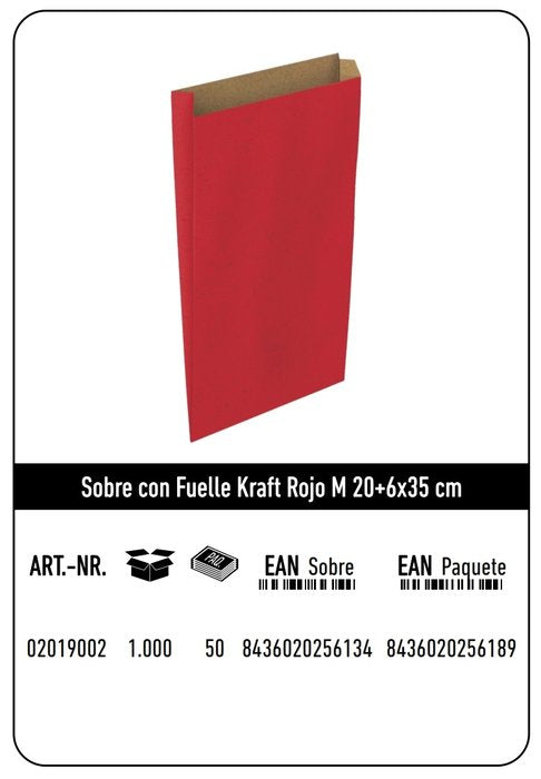 SOBRE KRAFT M 20+6X35 ROJO CAJA 192 UNIDADES | 192 UNIDADES | (ANDINA)