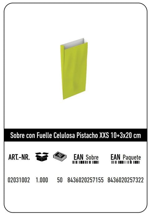 SOBRE CELULOSA XXS 10+3X20 PISTACHO PAQUETE 25 UDS | 10 UNIDADES | (ANDINA)