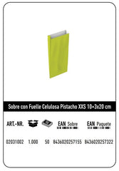 SOBRE CELULOSA XXS 10+3X20 PISTACHO PAQUETE 25 UDS | 10 UNIDADES | (ANDINA)