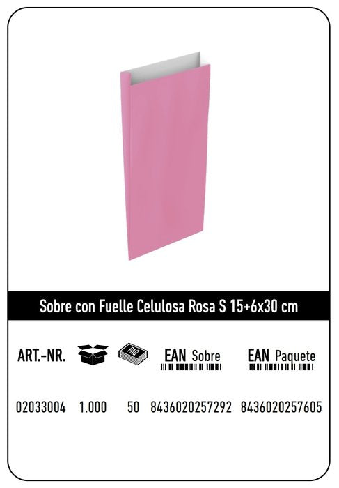 SOBRE CELULOSA S 15+6X30 ROSA PAQUETE 288U | 288 UNIDADES | (ANDINA)