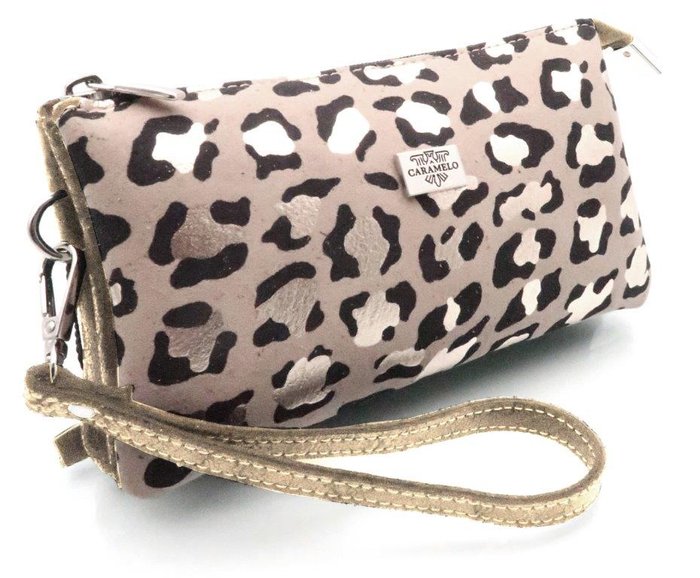 Monedero Neceser Piel Asa de Mano Leopardo Caramelo 19,5x11 Camel