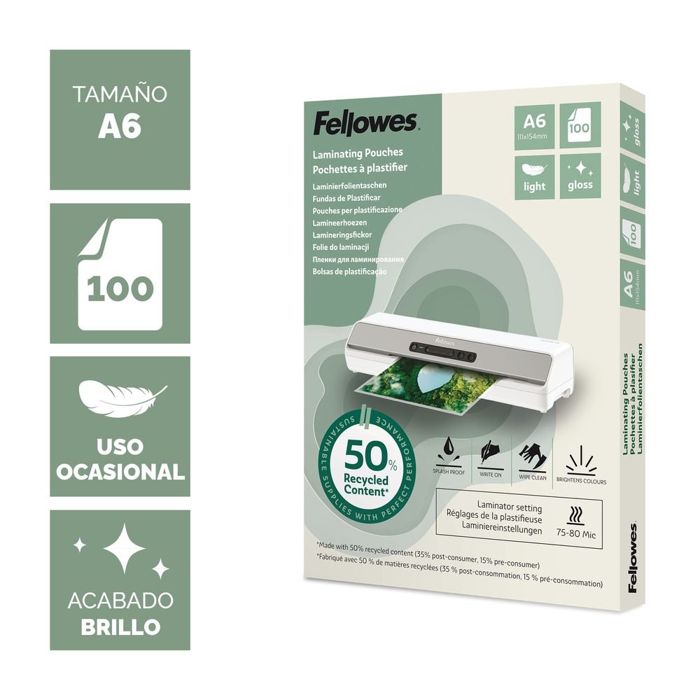 Fundas plastificar A6 80 micras Fellowes 100 ud