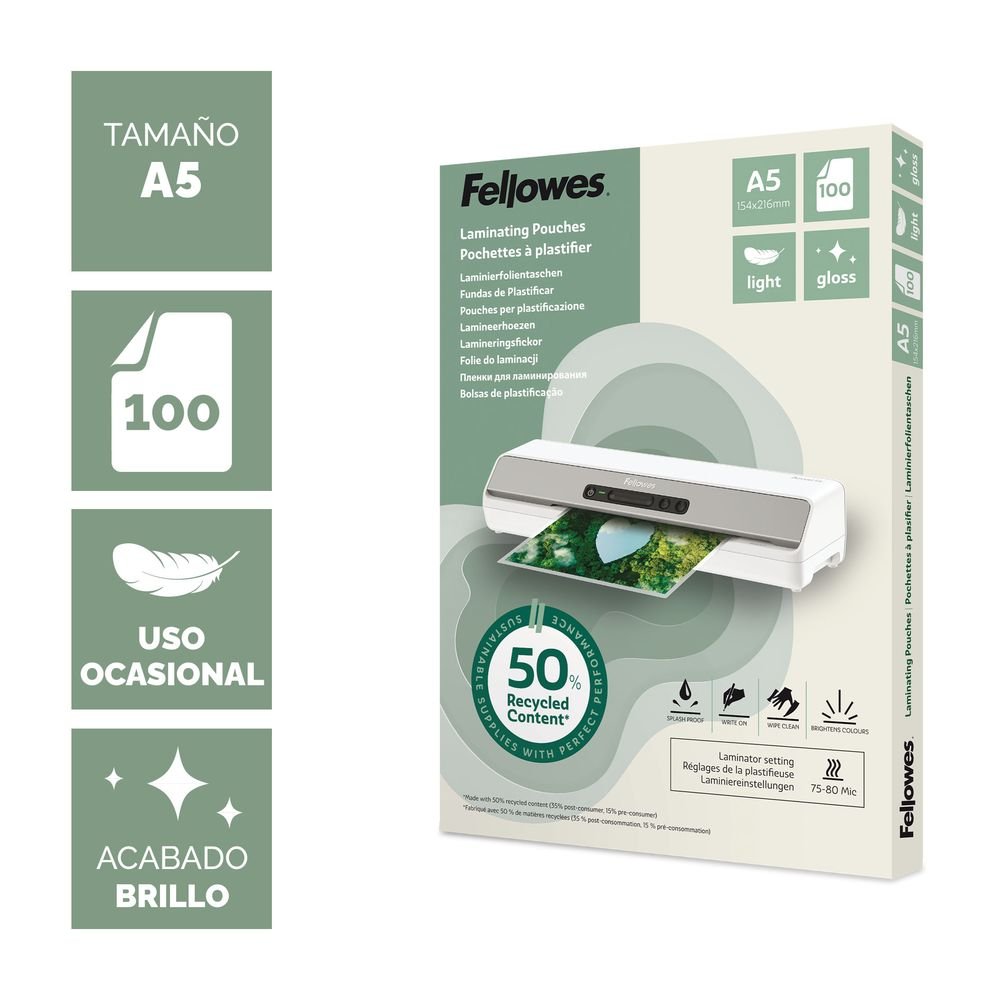 Fundas de plastificar A5 80 micras Fellowes 100 ud
