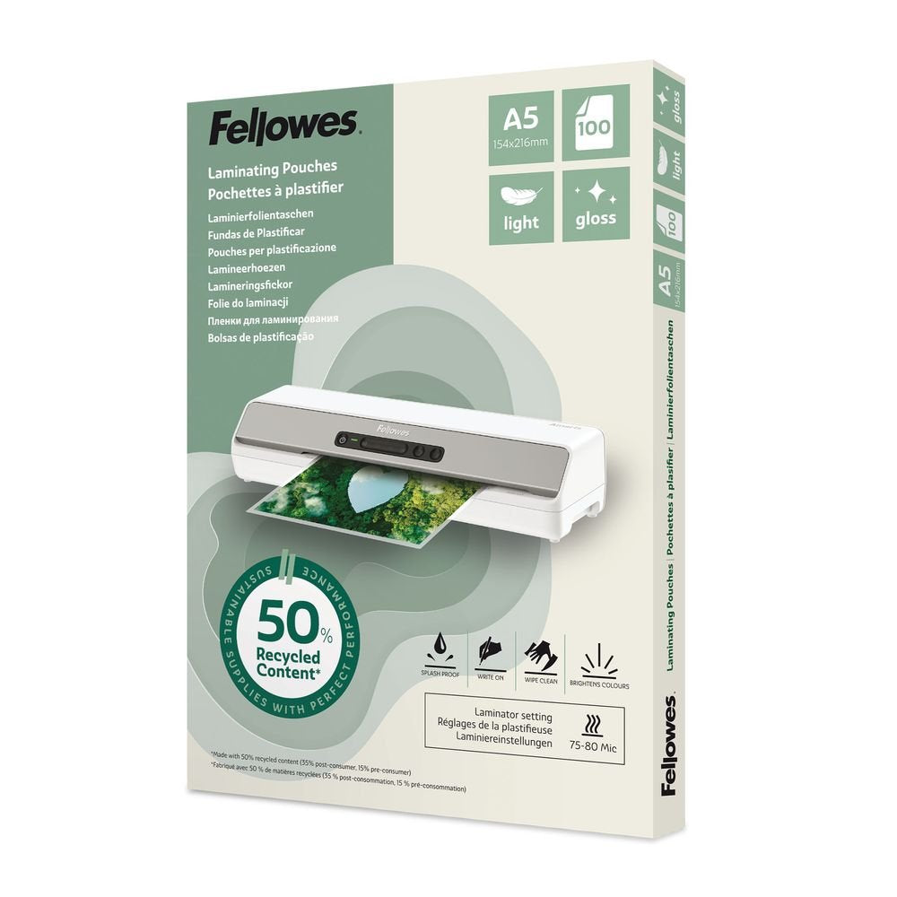 Fundas de plastificar A5 80 micras Fellowes 100 ud