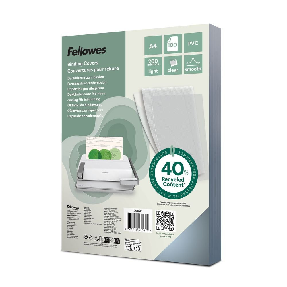 Portada A4 PVC 40% Reciclado Transparente Cristal 200M 100U Fellowes Imagen principal del producto