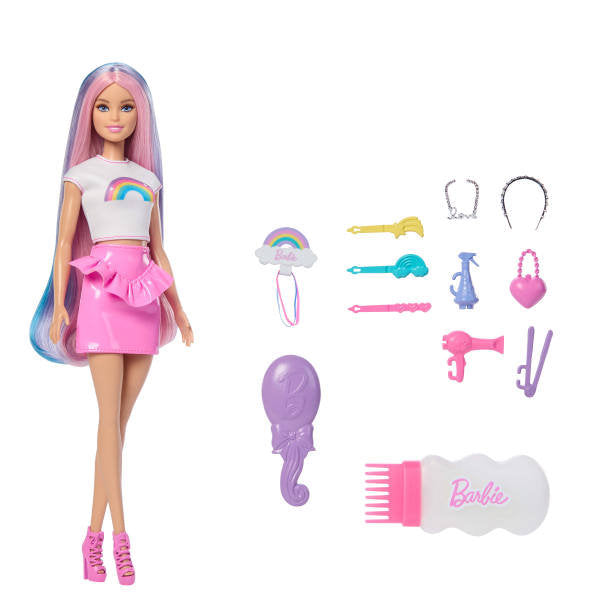 Barbie Pelo Arcoíris Brillante Rubia con Accesorios
