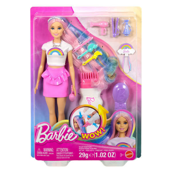 Barbie Pelo Arcoíris Brillante Rubia con Accesorios