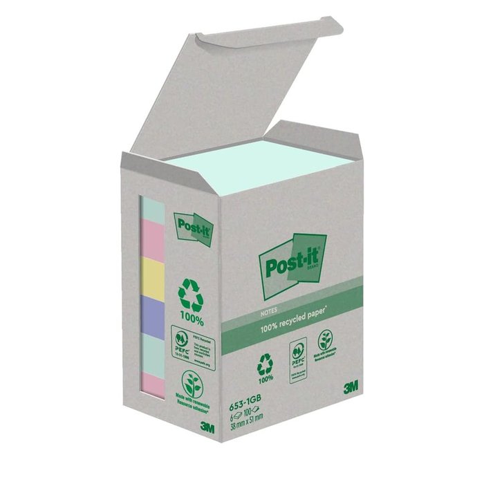 NOTA ADHESIVA POST-IT 38X51MM 6X100H RECICLADA COLOR PASTEL | 1 UNIDADES | (POST-IT) Imagen principal del producto