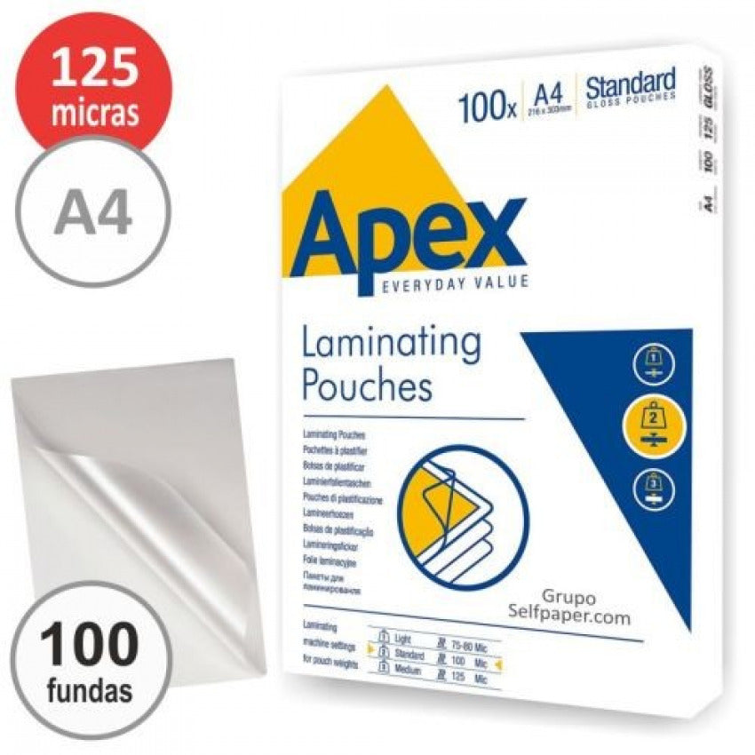 Pack 100 Fundas Plastificar A4 125 Micras Brillo Apex Imagen principal del producto