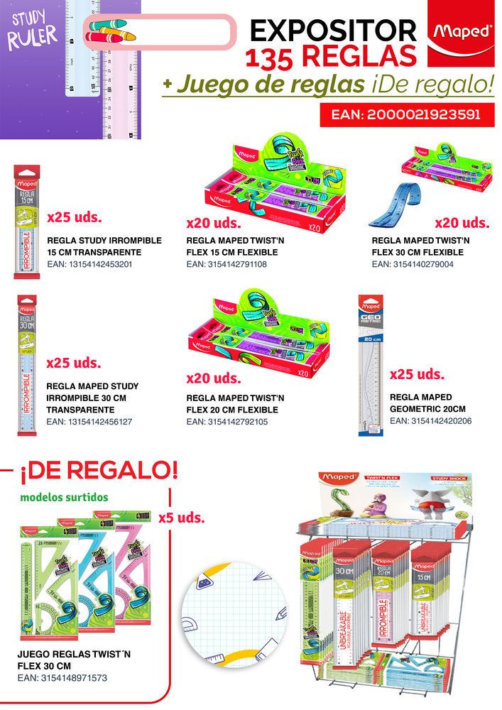 Expositor 135 Reglas Maped y Juego Reglas Twistnflex
