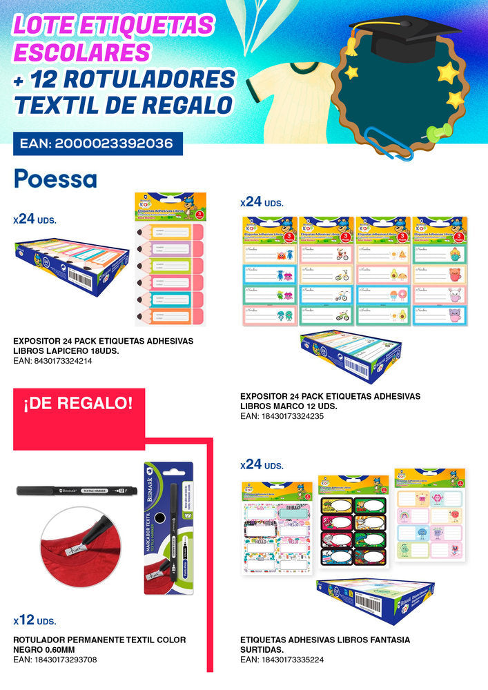 Lote Etiquetas Escolares con 12 Rotuladores Textil Gratis - Poessa Bismarck Básico