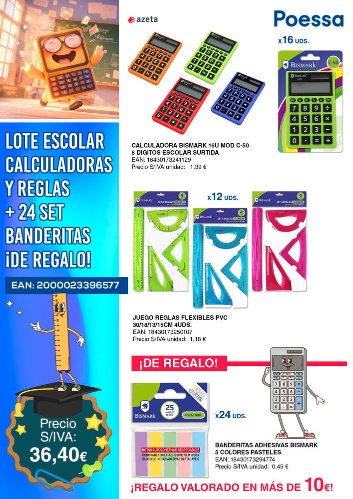 Lote escolar calculadoras reglas y set de banderitas gratis POESSA BISMARK Básico