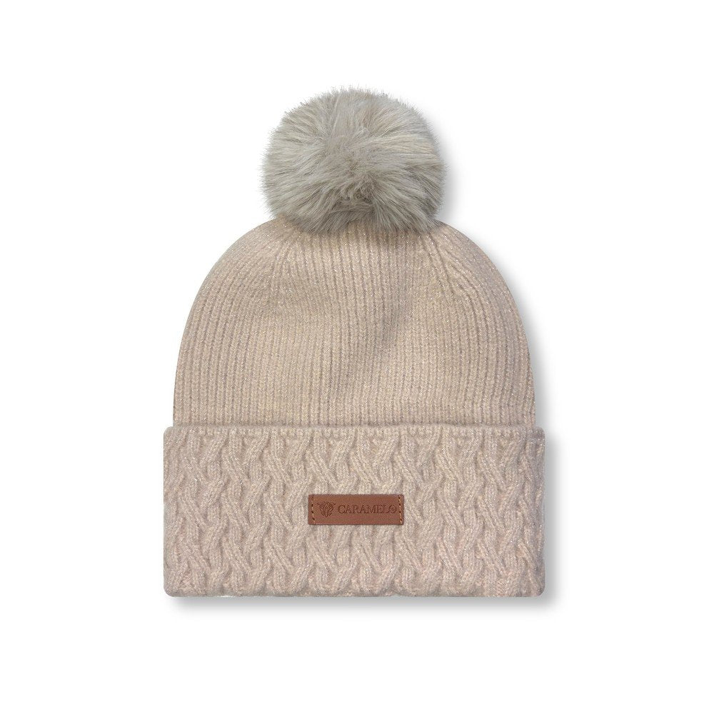 Gorro mujer punto pompón detalles plateados Caramelo