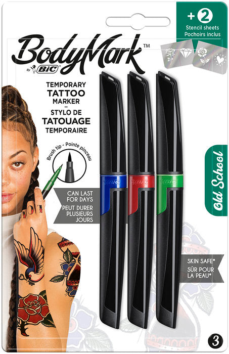 Blister 3 marcadores bodymark Old Sxhool + 2 plantillas para tatuajes