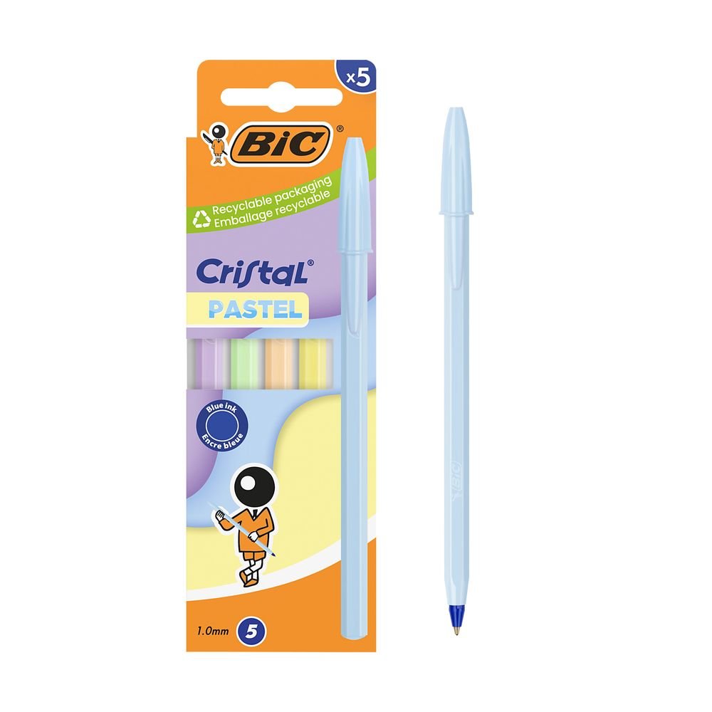 Blister de 5 bolígrafos Bic Cristal Pastel Colores Surtidos Marca Bic