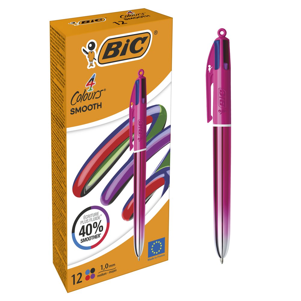 Bolígrafo Bic 4 Colores Smooth Rosa, pack 12 unidades