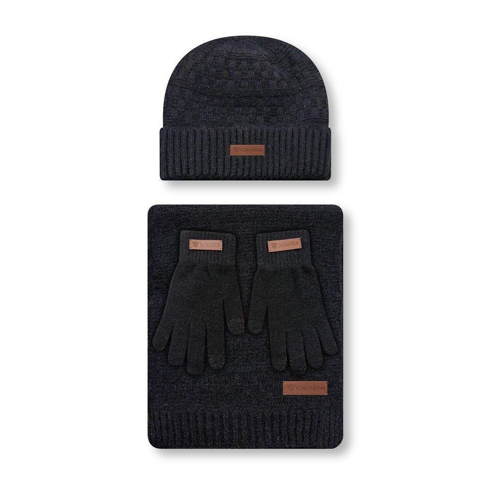Conjunto bufanda, gorro y guantes táctiles hombre negro
