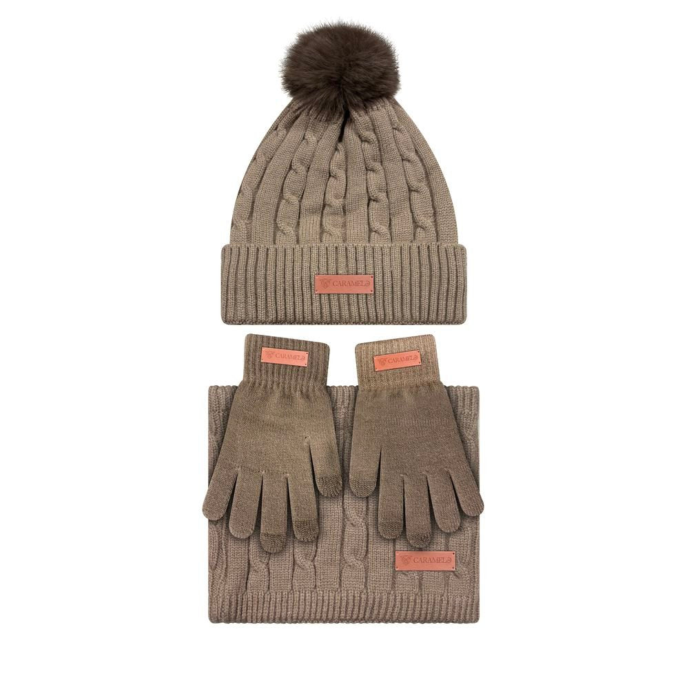 CONJUNTO CUELLO GORRO Y GUANTES MUJER CARAMELO CAMEL | CARAMELO TRAVEL FANTASY | 1 UNIDAD | 3103202502093 Imagen principal del producto