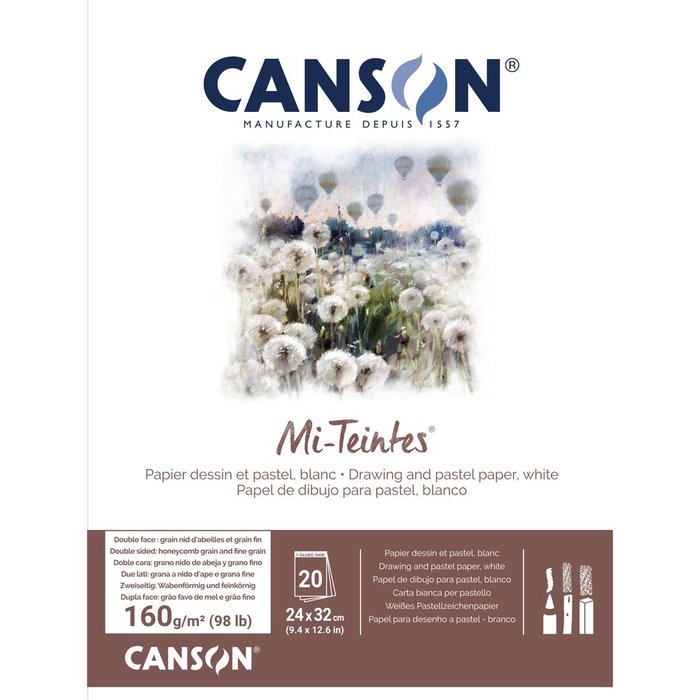 Bloc encolado canson mi-teintes 24x32cm 30h 160g hojas color blanco
