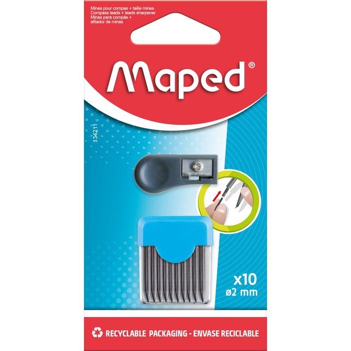 BLISTER CON 10 MINAS DE RECAMBIO COMPAS 2 MM + SACAPUNTAS