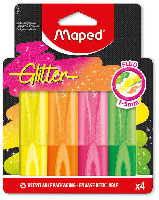 Blister 4 Subrayadores Fluo Glitter Bolsa Carton Surtidos | Maped | Pack 1 Unidades