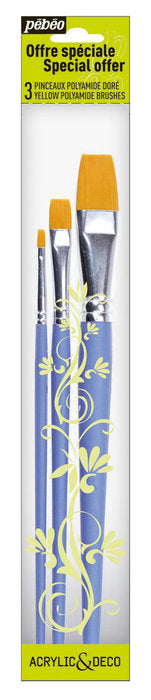 BOLSA 3 PINCELES MANGO CORTO POLIAMIDA DORADA PLANO 4-10-18 | PEBEO | 1 UNIDAD | 3167869523082 Imagen principal del producto