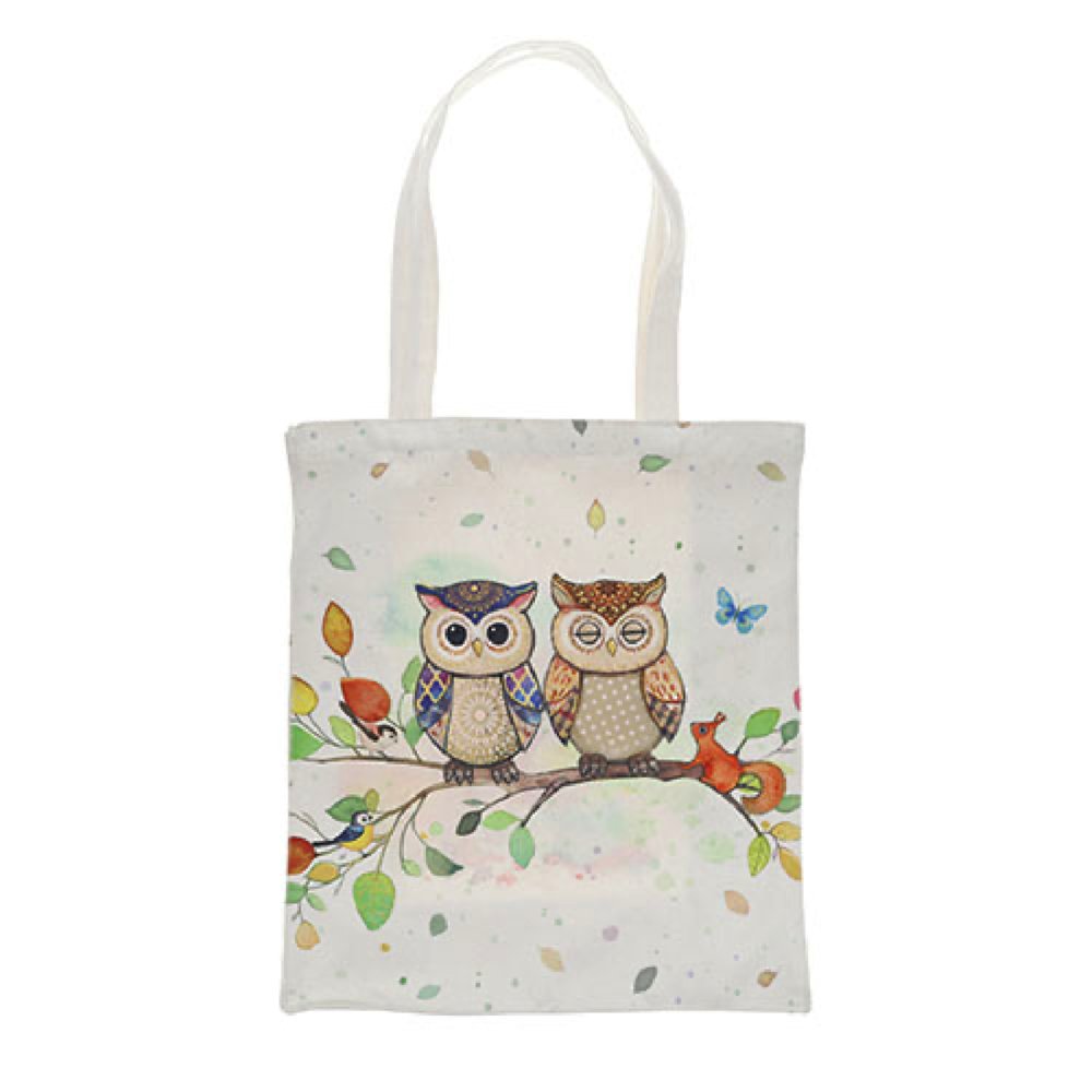 BOLSA DE TELA CON ASAS PAREJA DE BUHOS EN RAMA | KIUB